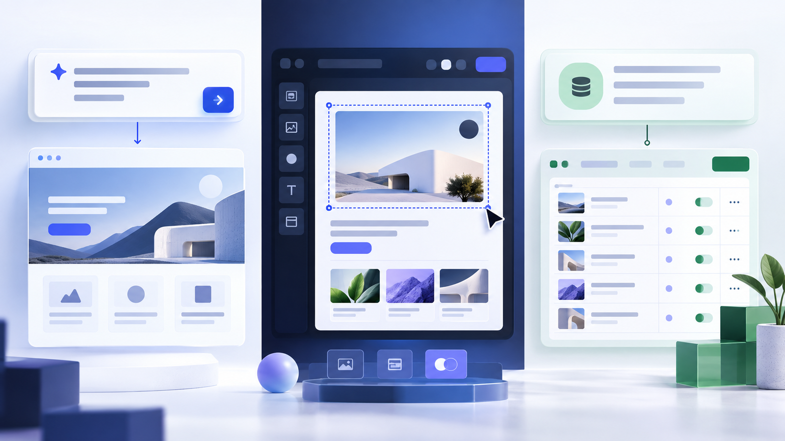 Original illustration comparing AI website-building workflows, a visual editor, and CMS content