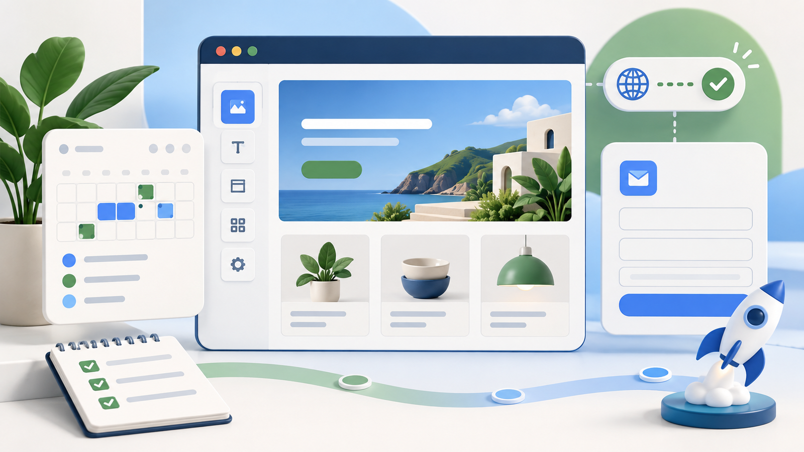 Original illustration of a small-business website launch plan with browser editor, content, and lead form