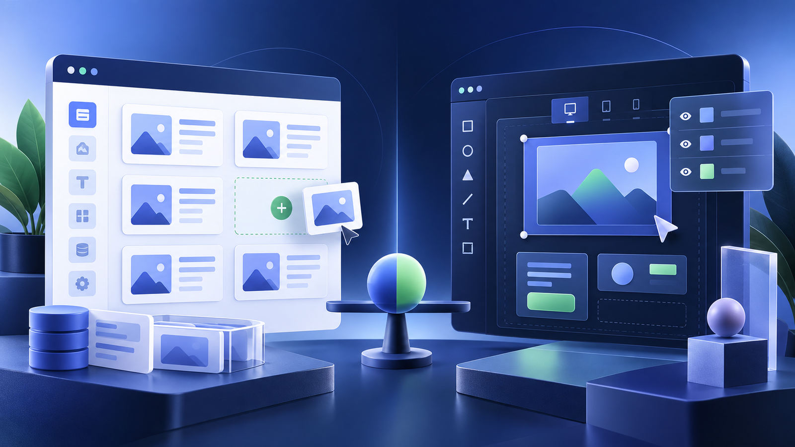 Original side-by-side illustration of structured no-code editing and a design-focused website canvas