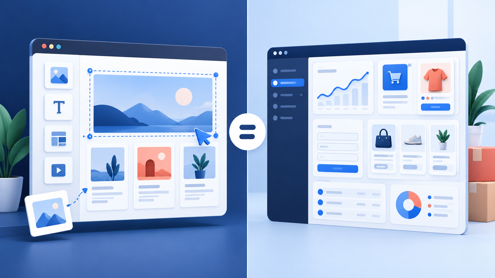 Original side-by-side illustration of two fictional website-builder workflows for business sites