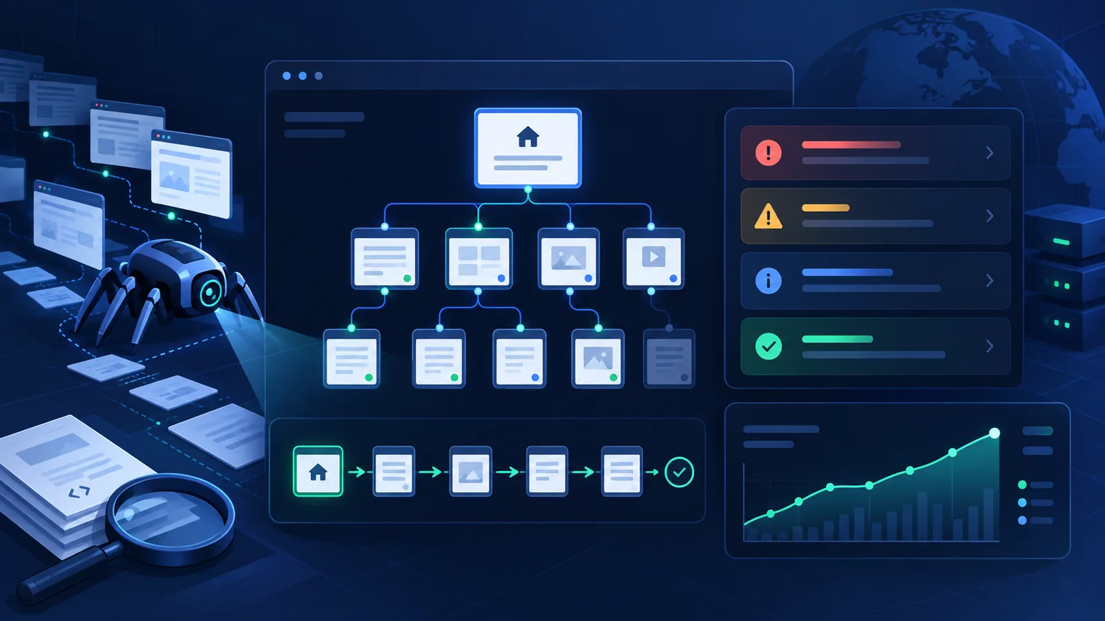 Original editorial illustration of a technical SEO audit dashboard